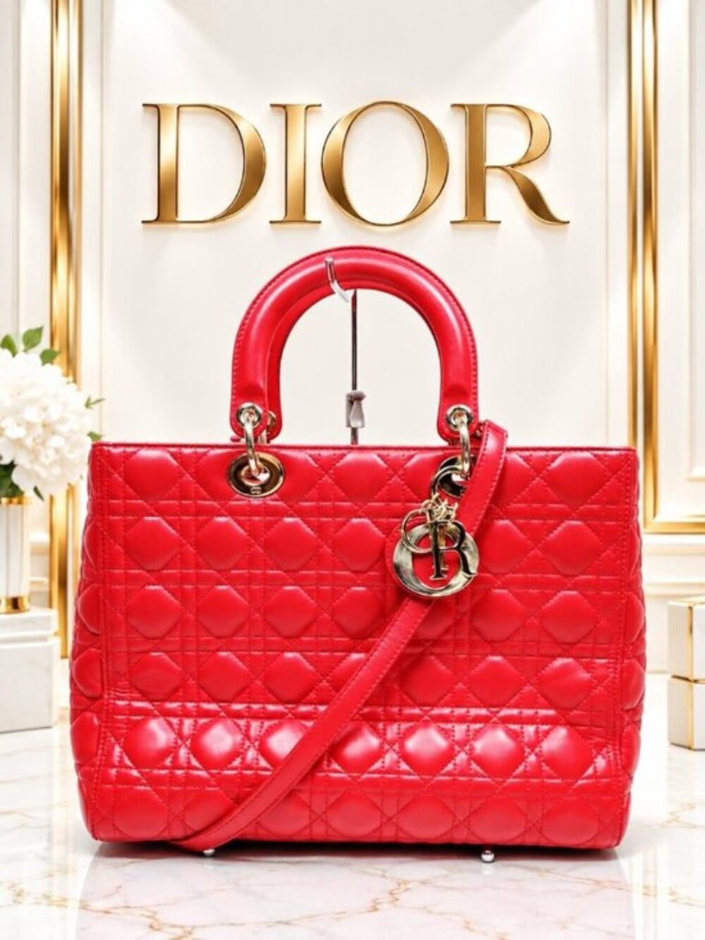 Authentic Christian Dior Lady Dior Cannage Red Leather Large Tote/Shoulder Bag